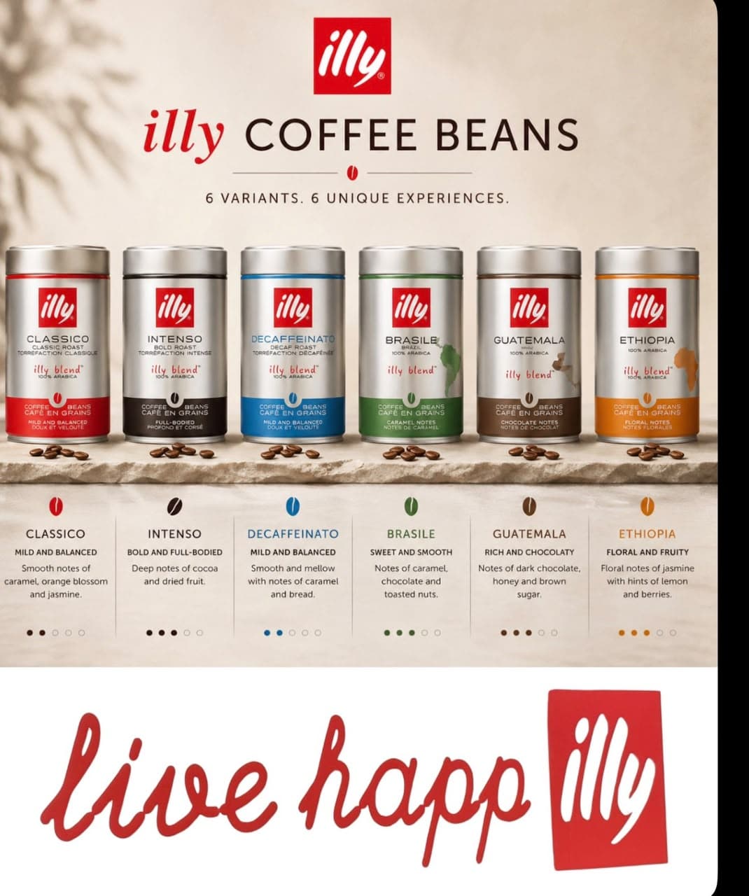 illy coffee bean selection with six varieties