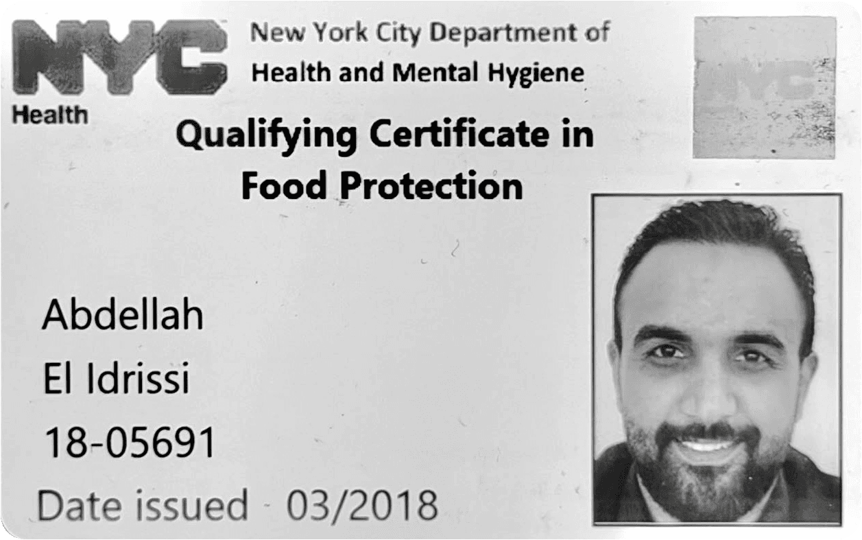 Abdellah El Idrissi's New York City Department of Health and Mental Hygiene food protection certificate