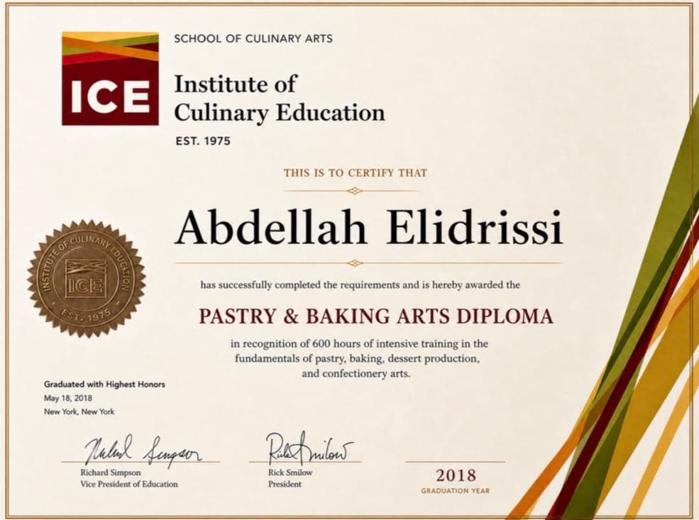 Abdellah El Idrissi's pastry and baking arts diploma